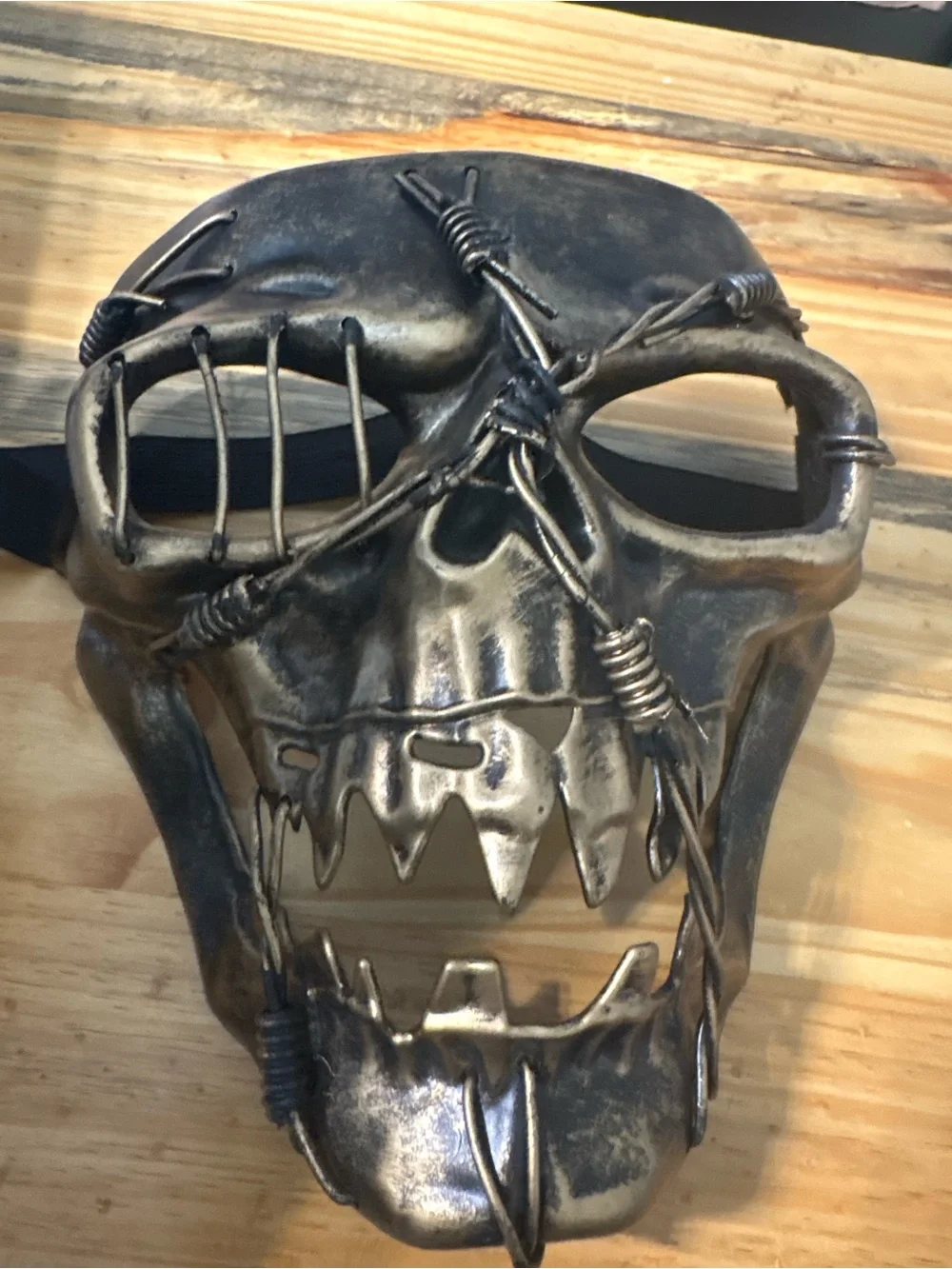 Distressed Metallic Skull Mask with Barbed Wire Detail - Antique Brass